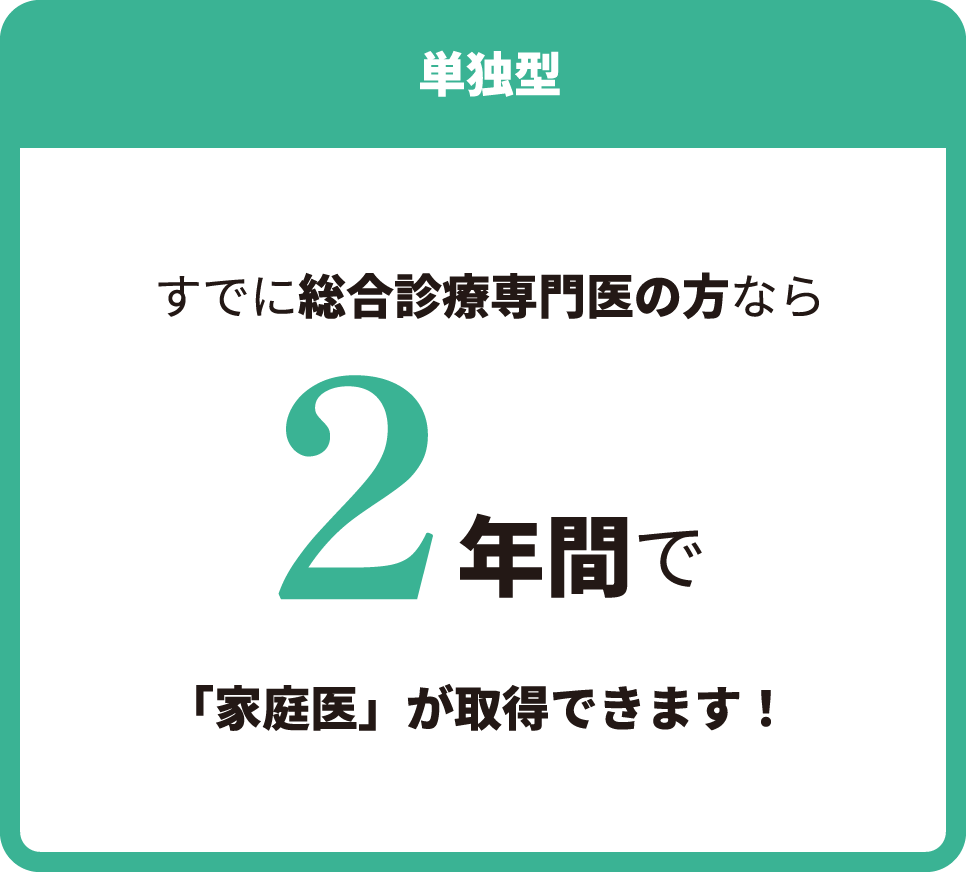 単独型　すでに総合診療専門医の方なら2年間で「家庭医」が取得できます！